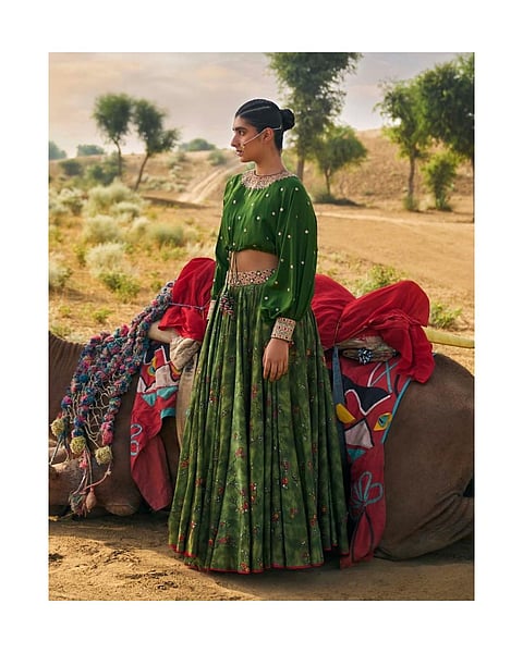 Punit Balana's green hand-embellished floral lehenga set from 85 Lansdowne
